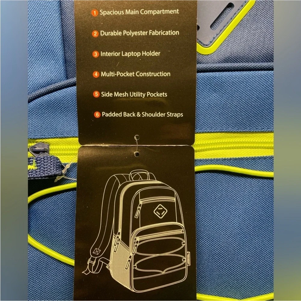 Blue Backpack with Green Trim Side Pockets New